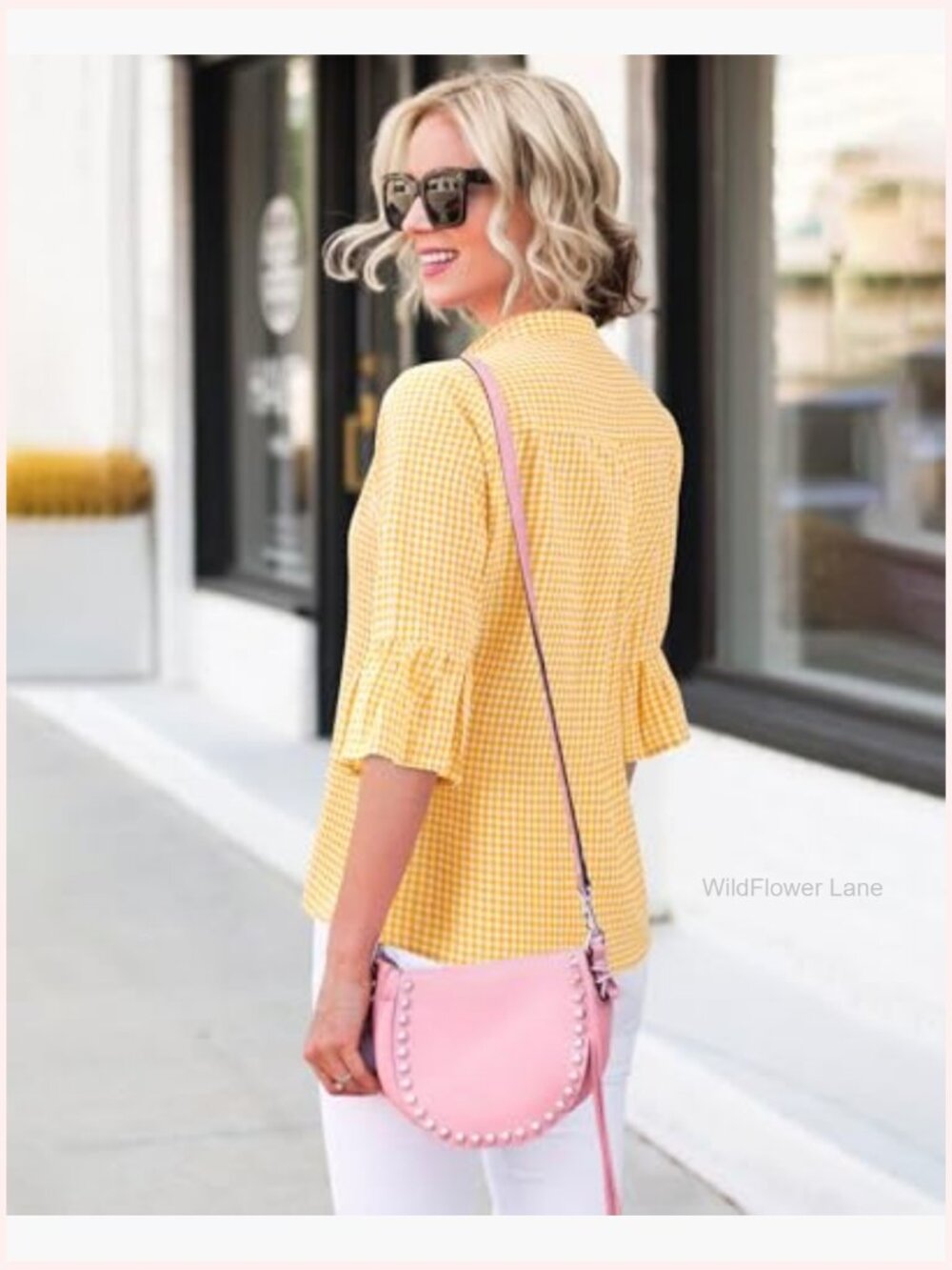 Button Down Checkered 3/4 Ruffle Sleeve Mandarin Collar Blouse - Picture 3 of 5